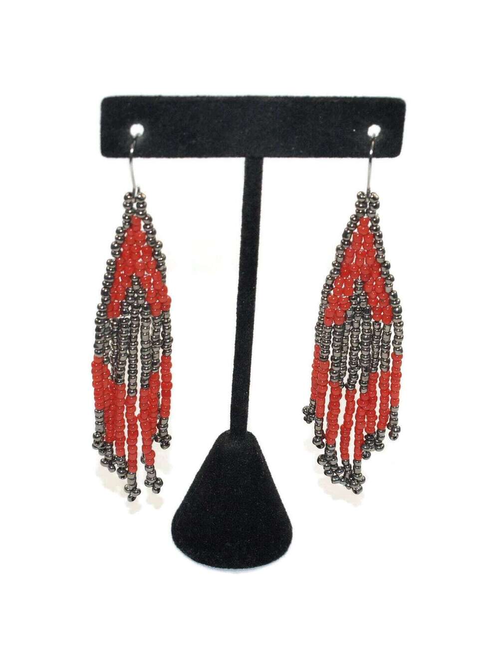 Handmade Vintage Silver and Red Beaded Dangle Earrings with Hook Backs.